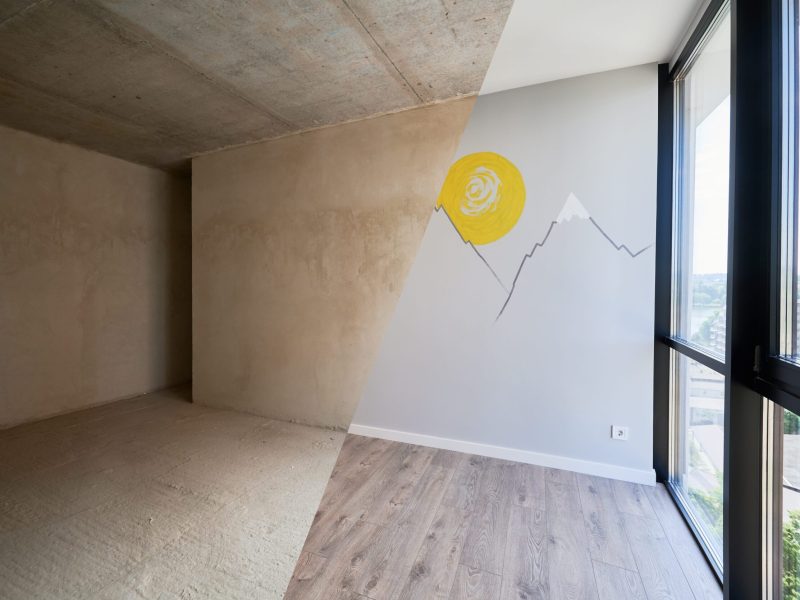 Comparison of children room with wooden bunk bed before and after restoration. Photo collage of old apartment with door and new renovated flat with parquet floor.