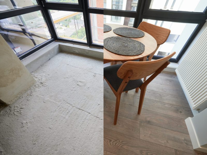 Photo collage of modern apartment before and after renovation. Comparison of old empty room and new renovated place with kitchen table, chairs, parquet floor and plastic window.