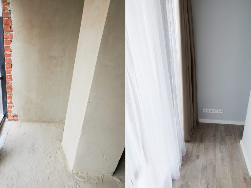 Empty apartment room with plastic windows before and after restoration. Comparison of old apartment and new flat with parquet floor and white walls. Home renovation concept.